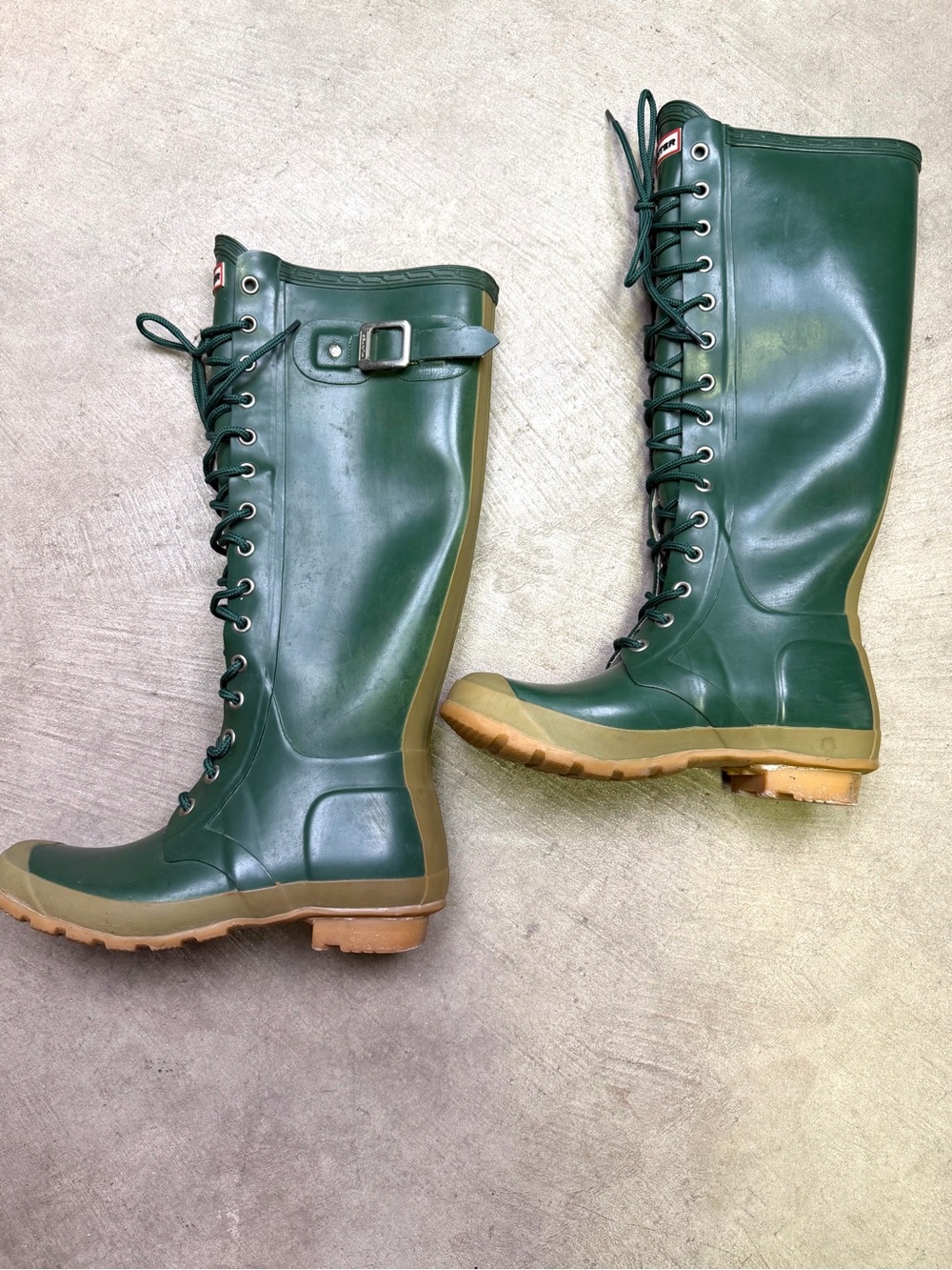 Hunter Women’s 7 Green Lace Up Tall Rubber Rain Boots Knee High circa 2010-2012 - Picture 12 of 16